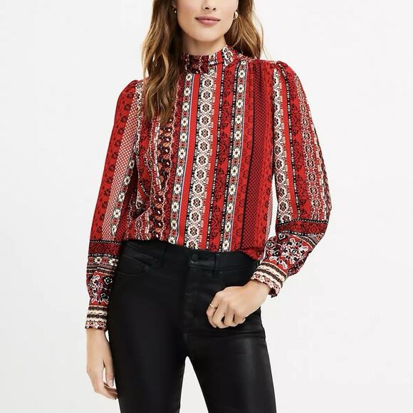LOFT Red Print Tie Back Long Sleeve Top XS NWT - Picture 1 of 8